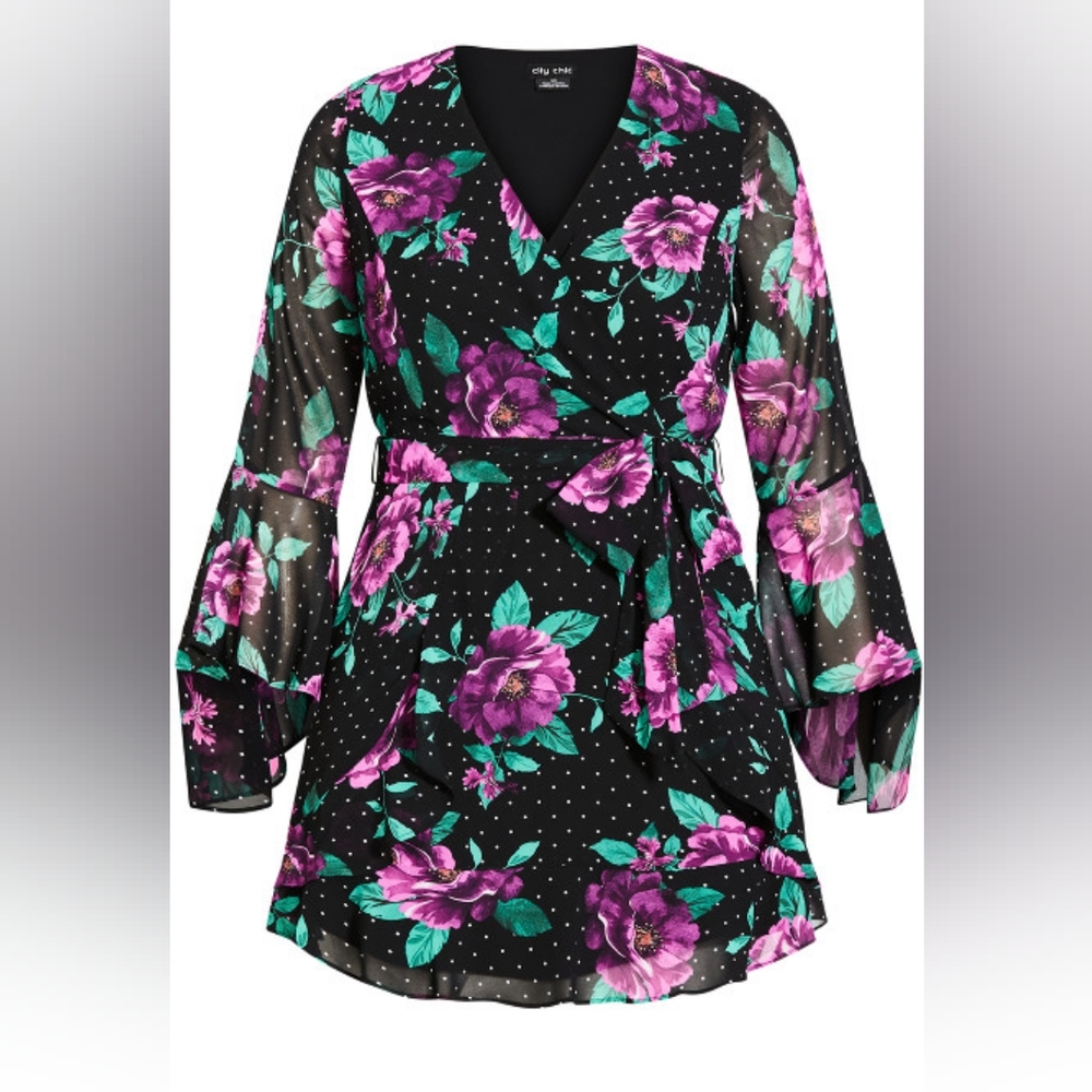 City chic Harper  black spot floral mini dress . New in package. 18 W